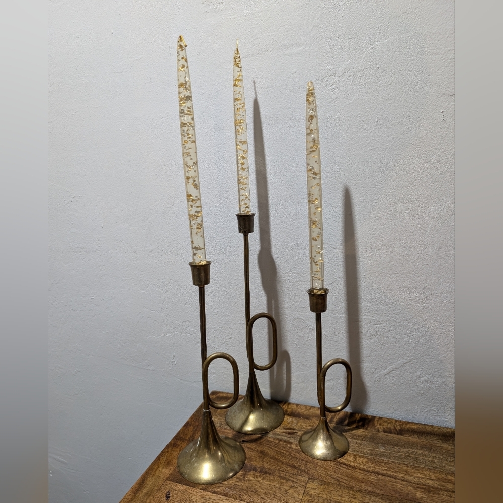 Vintage MCM Lucite Gold Flakes Tapered Candles Miller Candle Co Set of 3‎